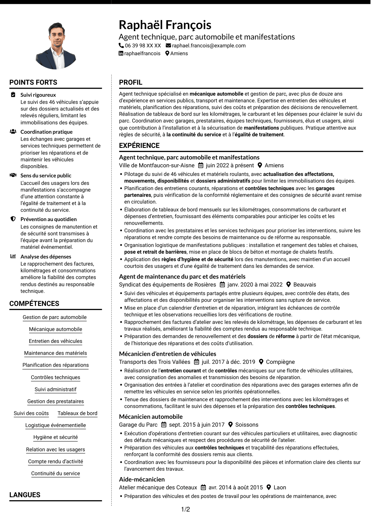 CV Moderne (format à deux colonnes avec photo à gauche et séparateur) : Agent technique - Mécanique et bâtiment, page 1
