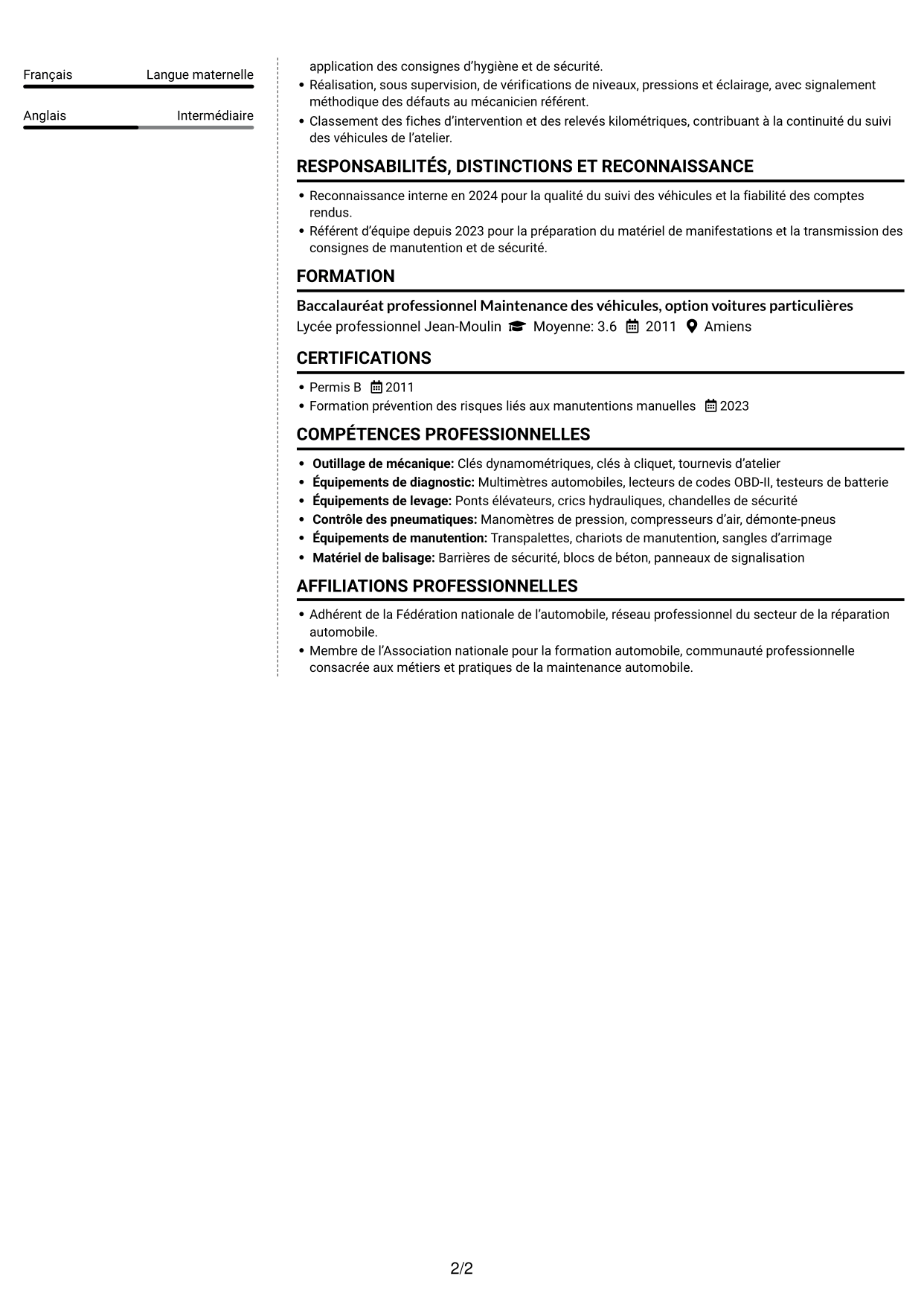 CV Moderne (format à deux colonnes avec photo à gauche et séparateur) : Agent technique - Mécanique et bâtiment, page 2