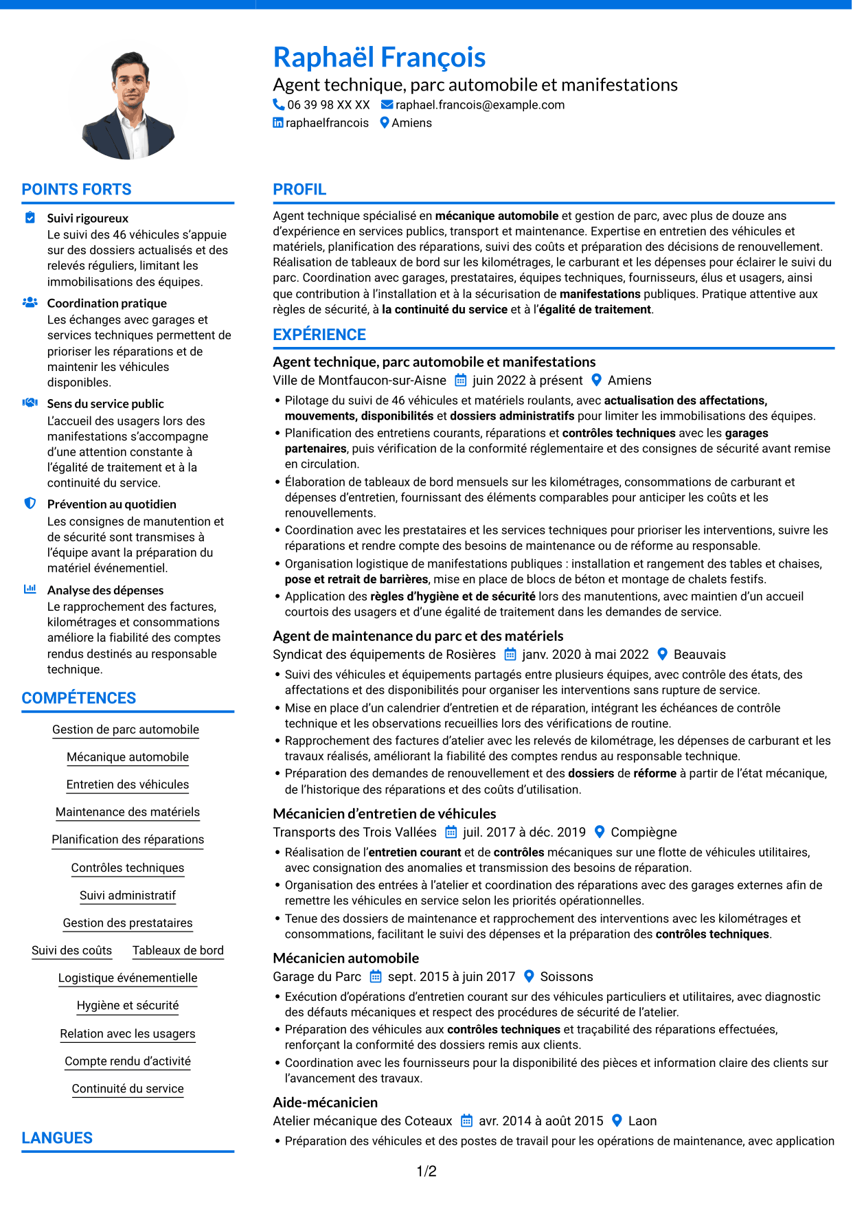 CV Audacieux (format à deux colonnes avec accents colorés et photo) : Agent technique - Mécanique et bâtiment, page 1