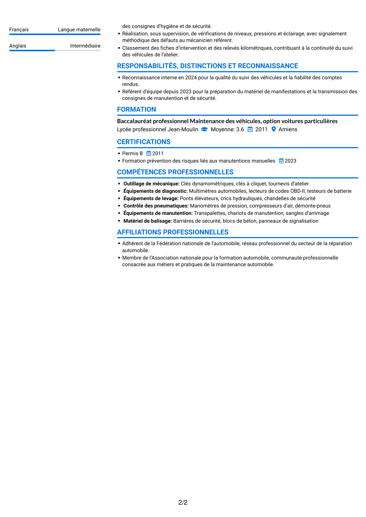 CV Audacieux (format à deux colonnes avec accents colorés et photo) : Agent technique - Mécanique et bâtiment, page 2