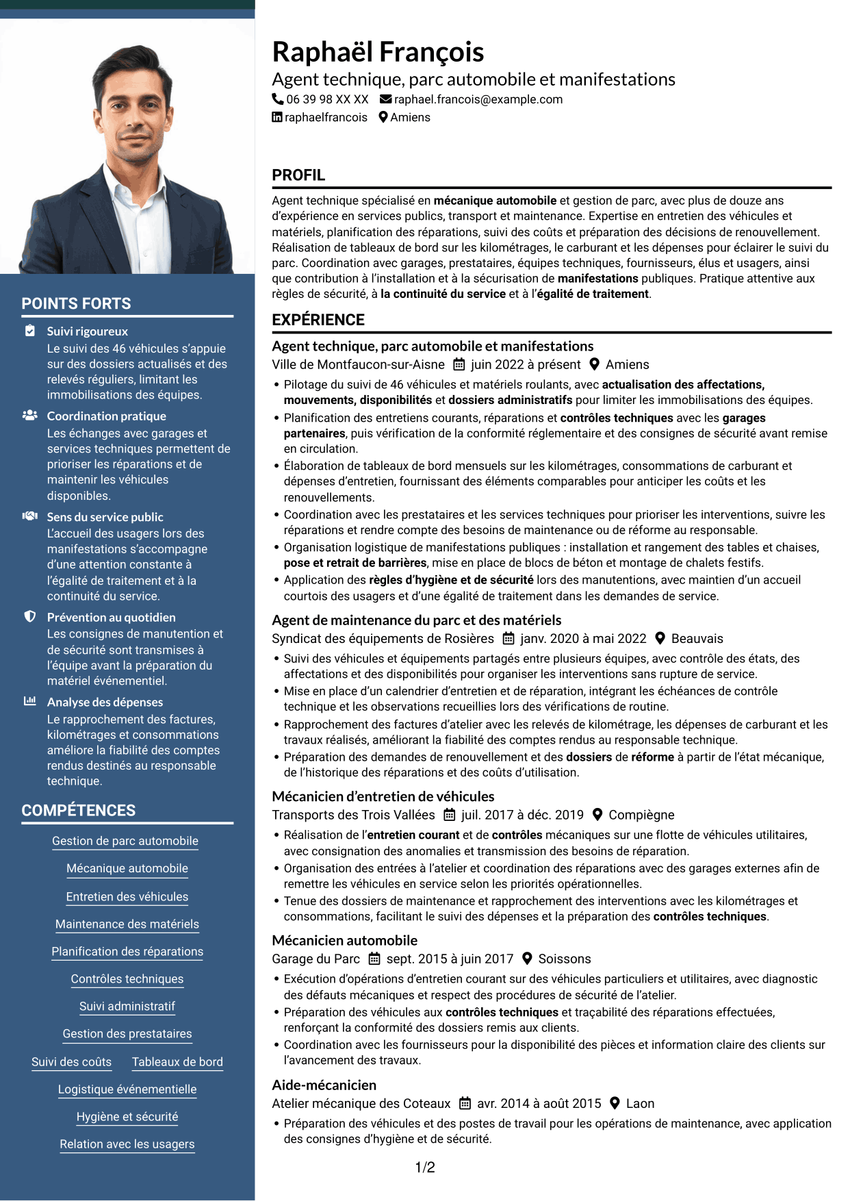 CV Signature (format à colonne latérale colorée avec grande photo) : Agent technique - Mécanique et bâtiment, page 1