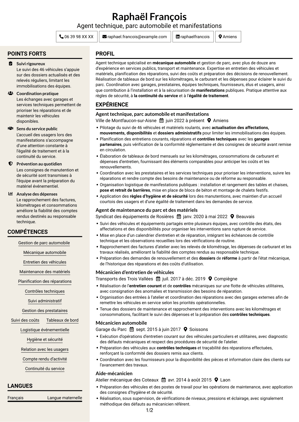 CV Fonceur (format à deux colonnes avec en-tête centré sans photo) : Agent technique - Mécanique et bâtiment, page 1
