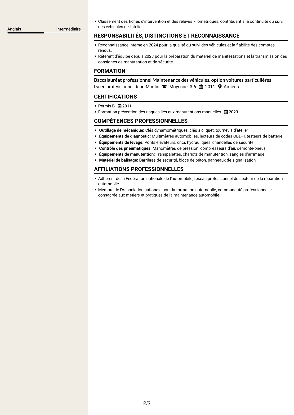 CV Fonceur (format à deux colonnes avec en-tête centré sans photo) : Agent technique - Mécanique et bâtiment, page 2