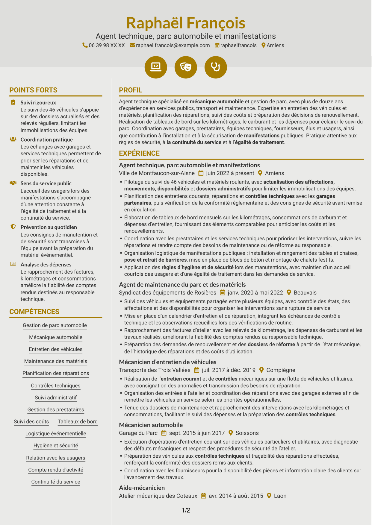 CV Dynamique (format à deux colonnes avec icônes) : Agent technique - Mécanique et bâtiment, page 1