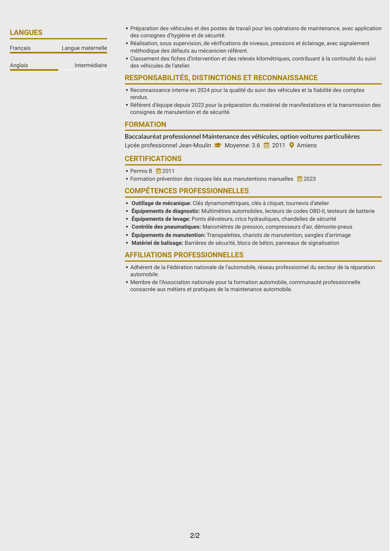 CV Dynamique (format à deux colonnes avec icônes) : Agent technique - Mécanique et bâtiment, page 2