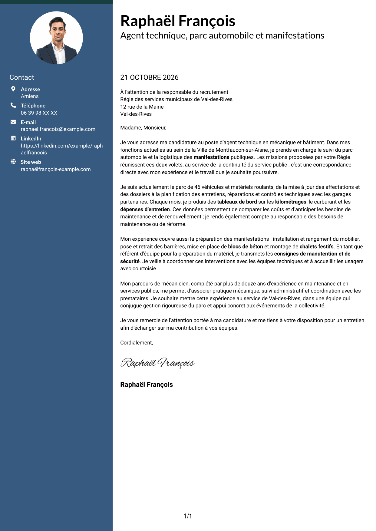 Lettre de motivation Élégant (format à colonne latérale colorée avec photo) : Agent technique - Mécanique et bâtiment, page 1