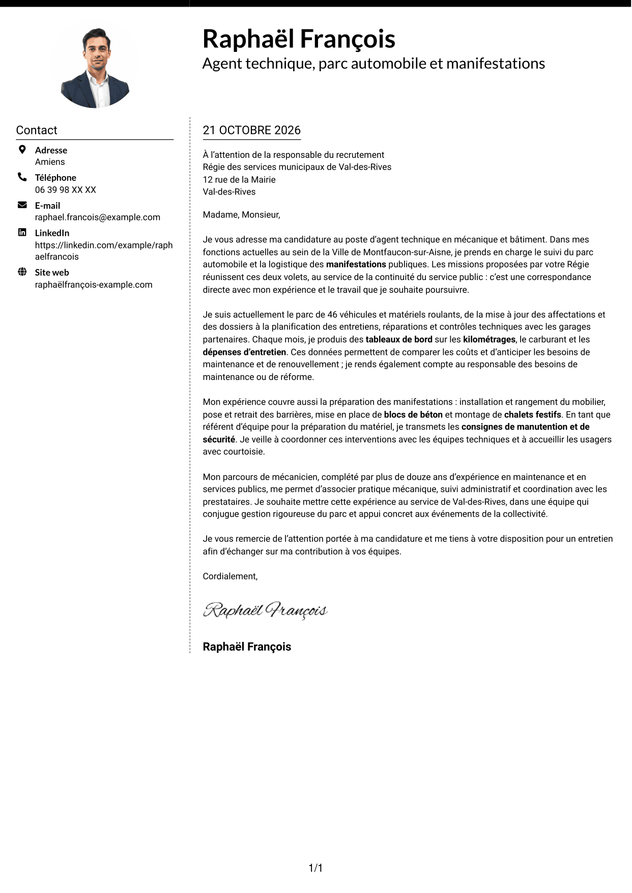 Lettre de motivation Moderne (format à deux colonnes avec photo à gauche et séparateur) : Agent technique - Mécanique et bâtiment, page 1