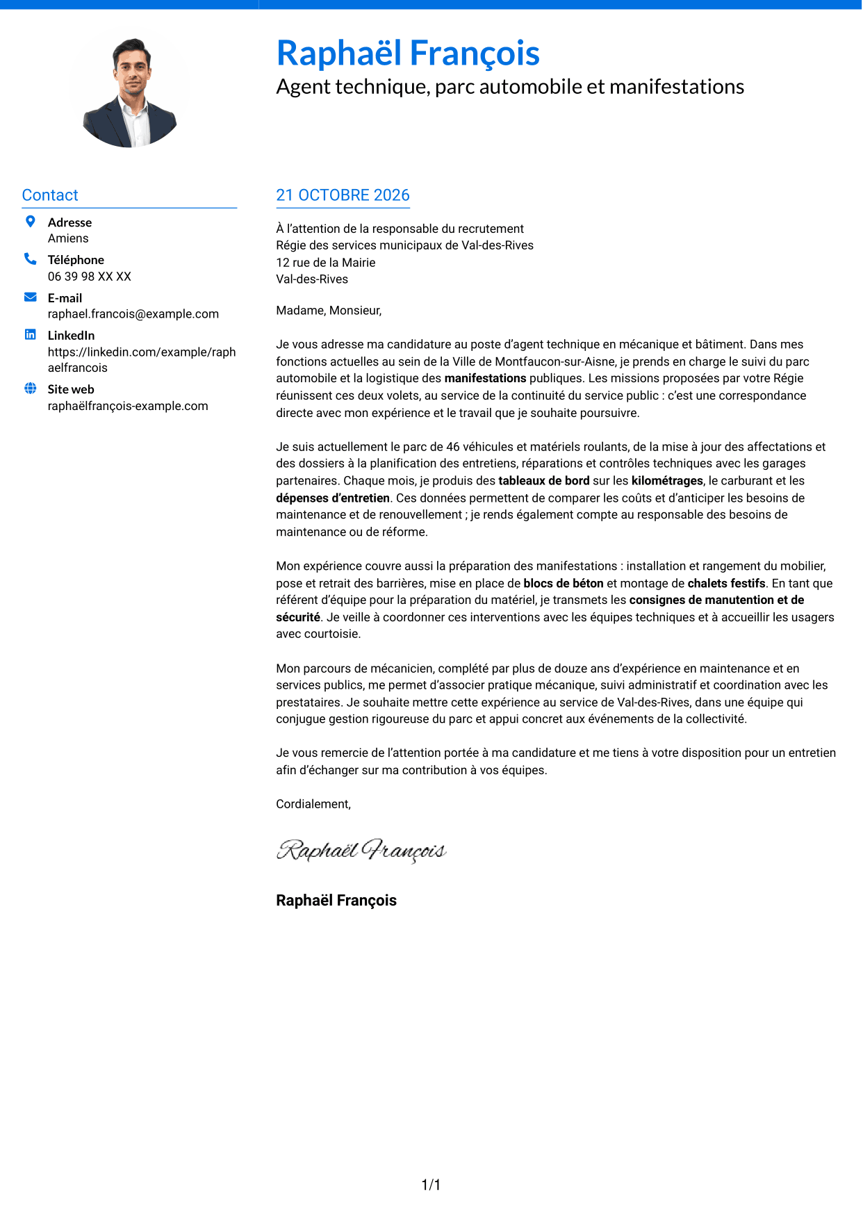 Lettre de motivation Audacieux (format à deux colonnes avec accents colorés et photo) : Agent technique - Mécanique et bâtiment, page 1