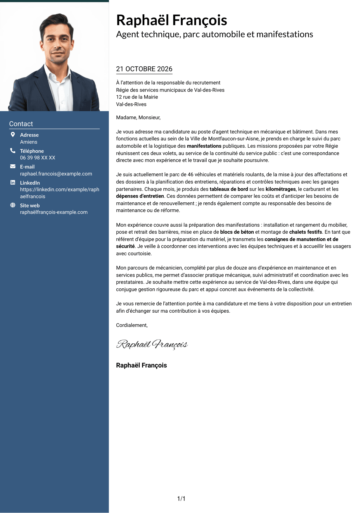 Lettre de motivation Signature (format à colonne latérale colorée avec grande photo) : Agent technique - Mécanique et bâtiment, page 1