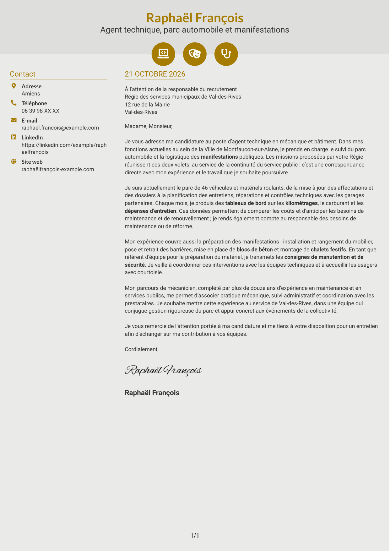 Lettre de motivation Dynamique (format à deux colonnes avec icônes) : Agent technique - Mécanique et bâtiment, page 1