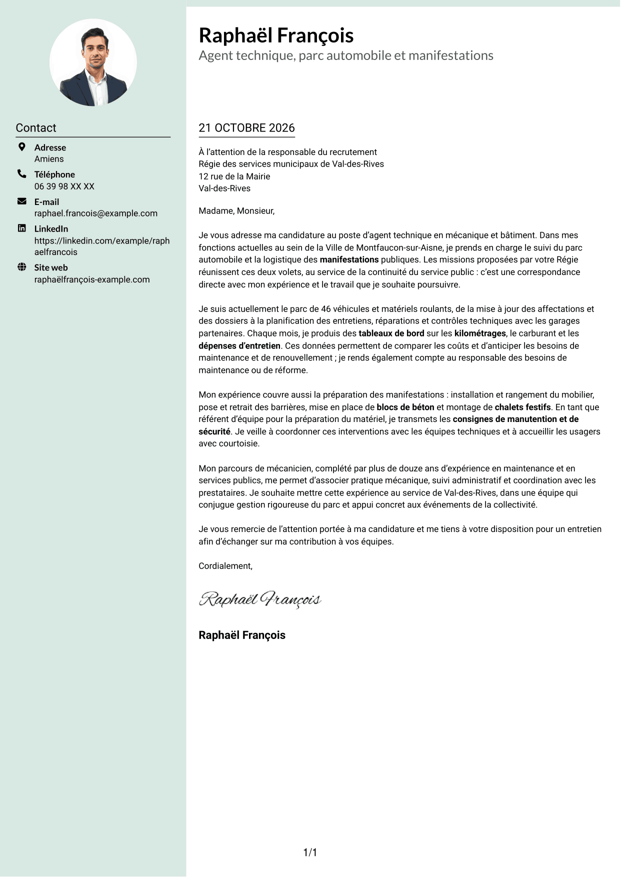 Lettre de motivation Cadre (format à colonne latérale douce avec photo arrondie) : Agent technique - Mécanique et bâtiment, page 1