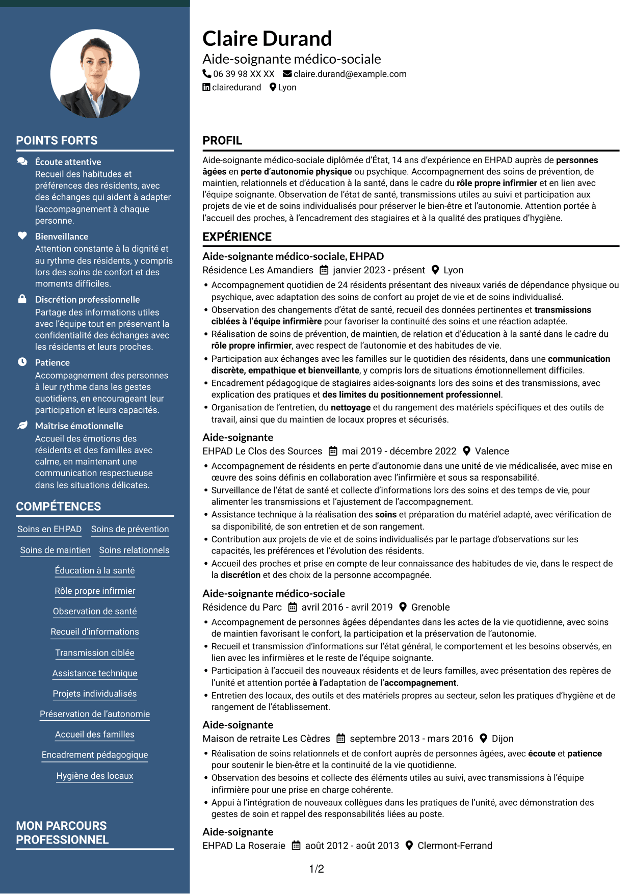 CV Élégant (format à colonne latérale colorée avec photo) : Aide-soignant médico-social, page 1
