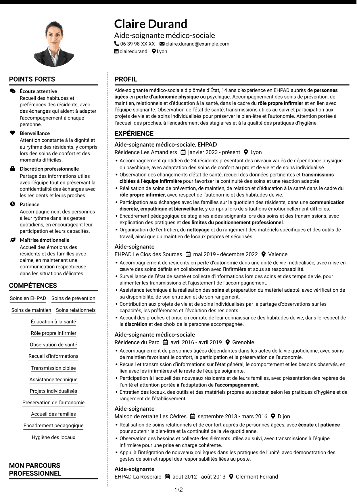 CV Moderne (format à deux colonnes avec photo à gauche et séparateur) : Aide-soignant médico-social, page 1