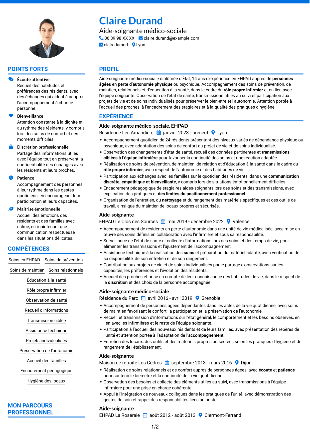 CV Audacieux (format à deux colonnes avec accents colorés et photo) : Aide-soignant médico-social, page 1