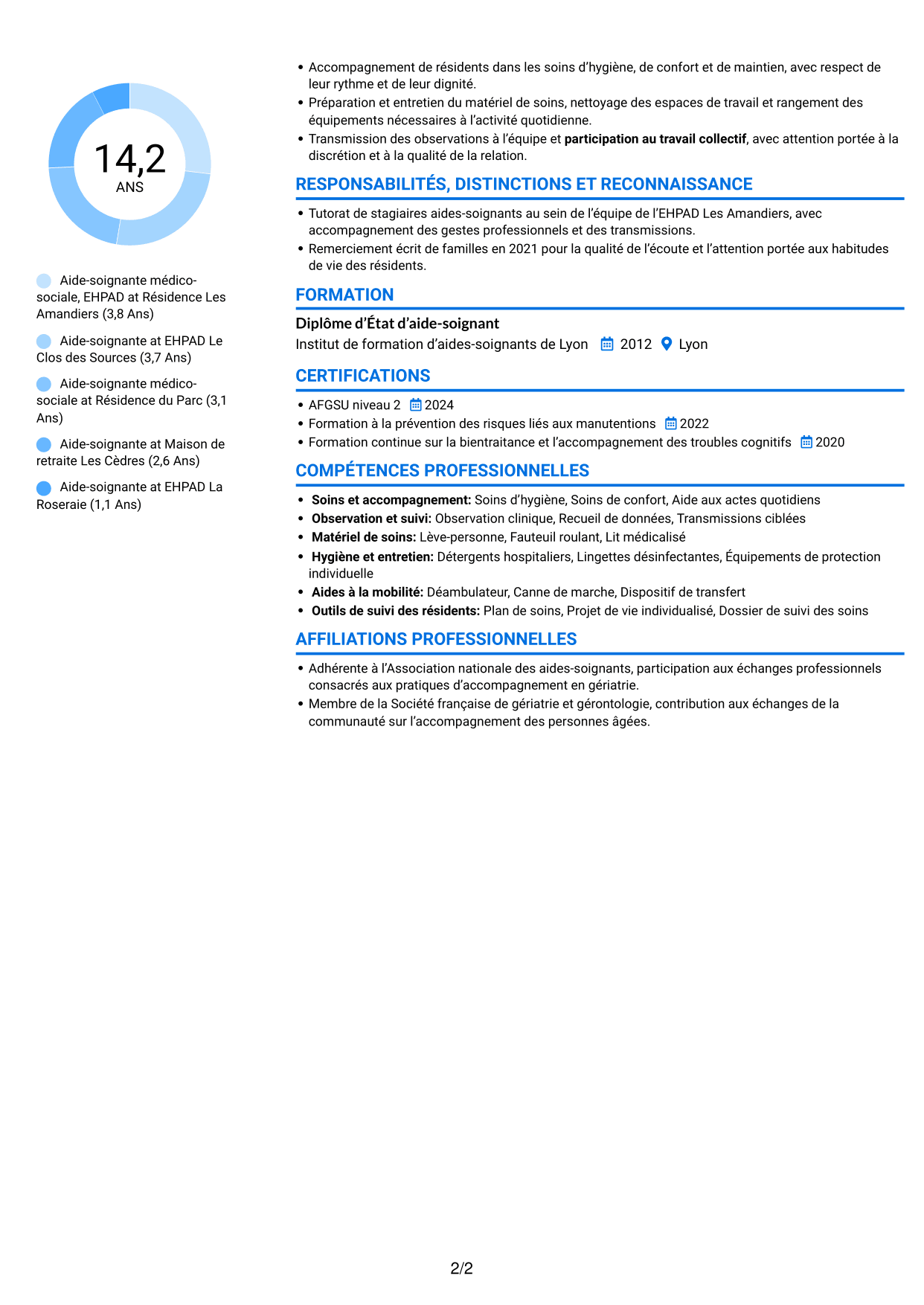 CV Audacieux (format à deux colonnes avec accents colorés et photo) : Aide-soignant médico-social, page 2