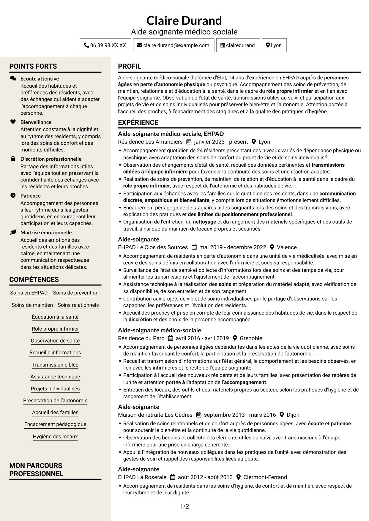 CV Fonceur (format à deux colonnes avec en-tête centré sans photo) : Aide-soignant médico-social, page 1