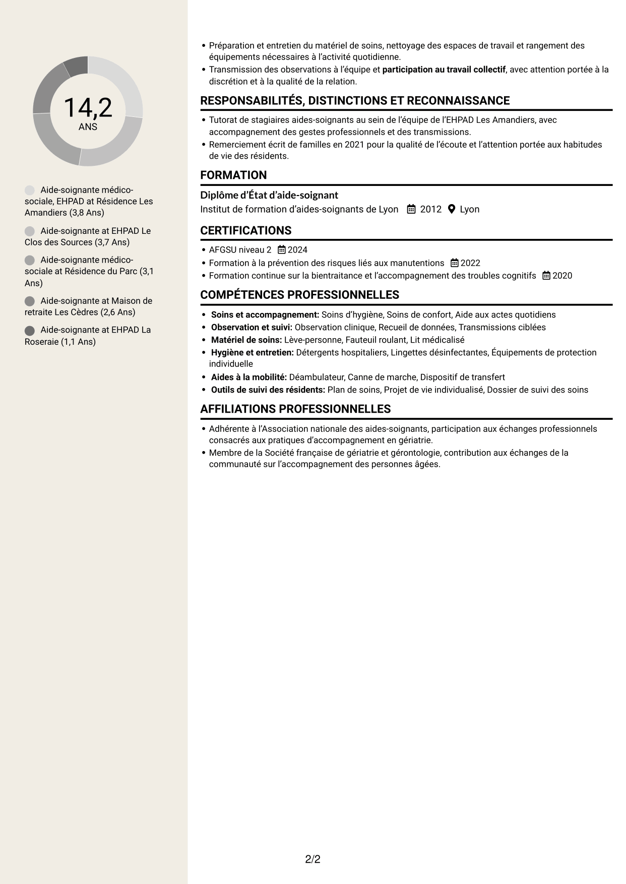 CV Fonceur (format à deux colonnes avec en-tête centré sans photo) : Aide-soignant médico-social, page 2
