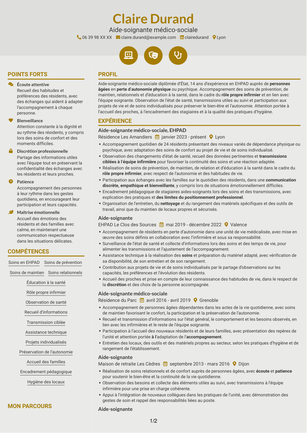 CV Dynamique (format à deux colonnes avec icônes) : Aide-soignant médico-social, page 1
