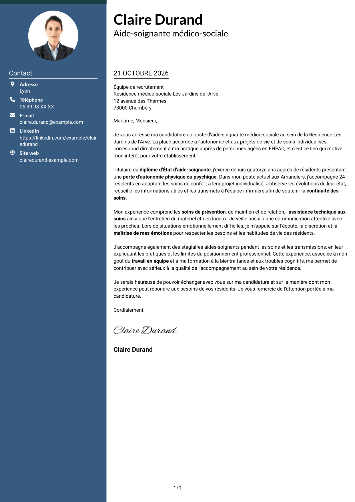 Lettre de motivation Élégant (format à colonne latérale colorée avec photo) : Aide-soignant médico-social, page 1