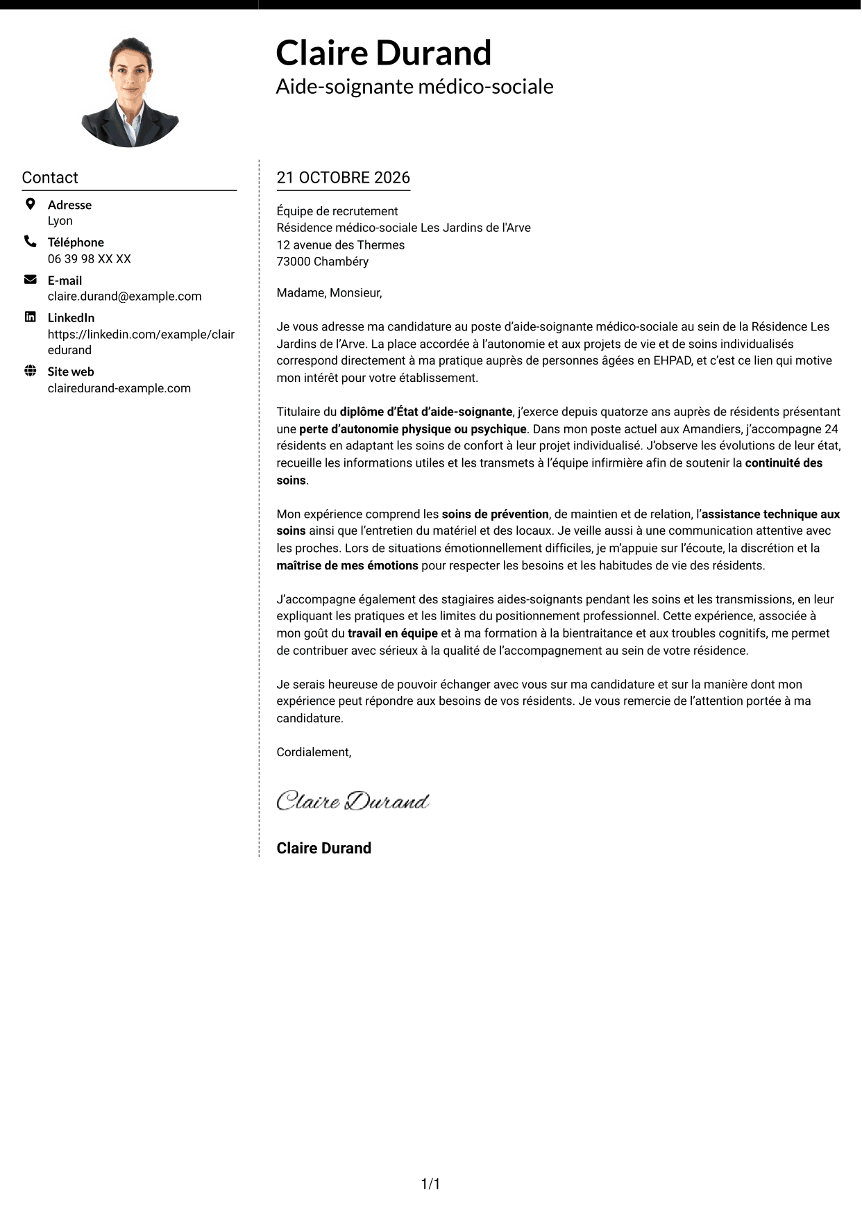 Lettre de motivation Moderne (format à deux colonnes avec photo à gauche et séparateur) : Aide-soignant médico-social, page 1