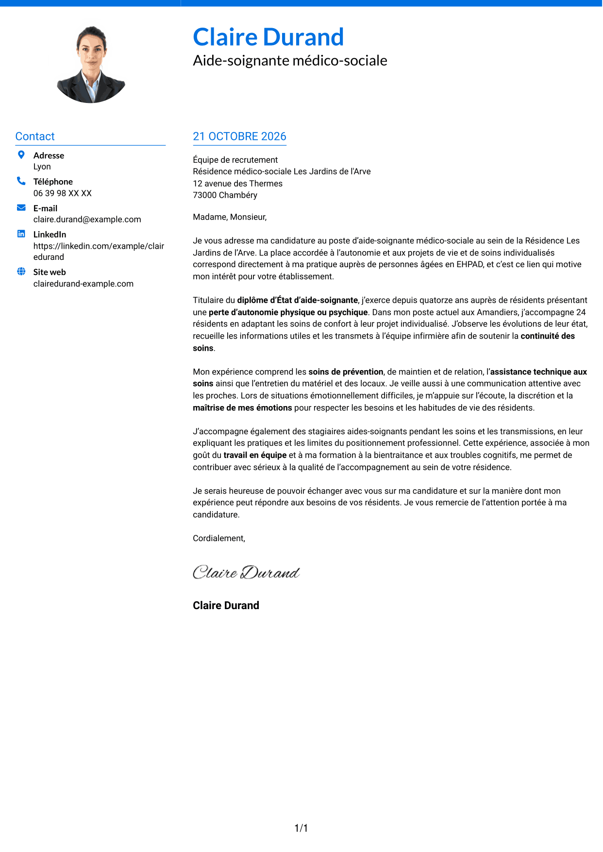 Lettre de motivation Audacieux (format à deux colonnes avec accents colorés et photo) : Aide-soignant médico-social, page 1