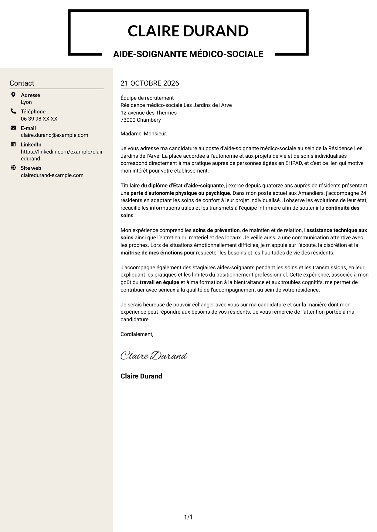 Lettre de motivation Fonceur (format à deux colonnes avec en-tête centré sans photo) : Aide-soignant médico-social, page 1