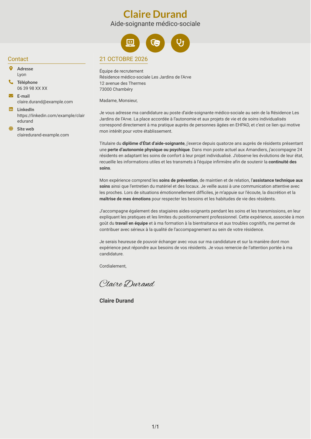 Lettre de motivation Dynamique (format à deux colonnes avec icônes) : Aide-soignant médico-social, page 1