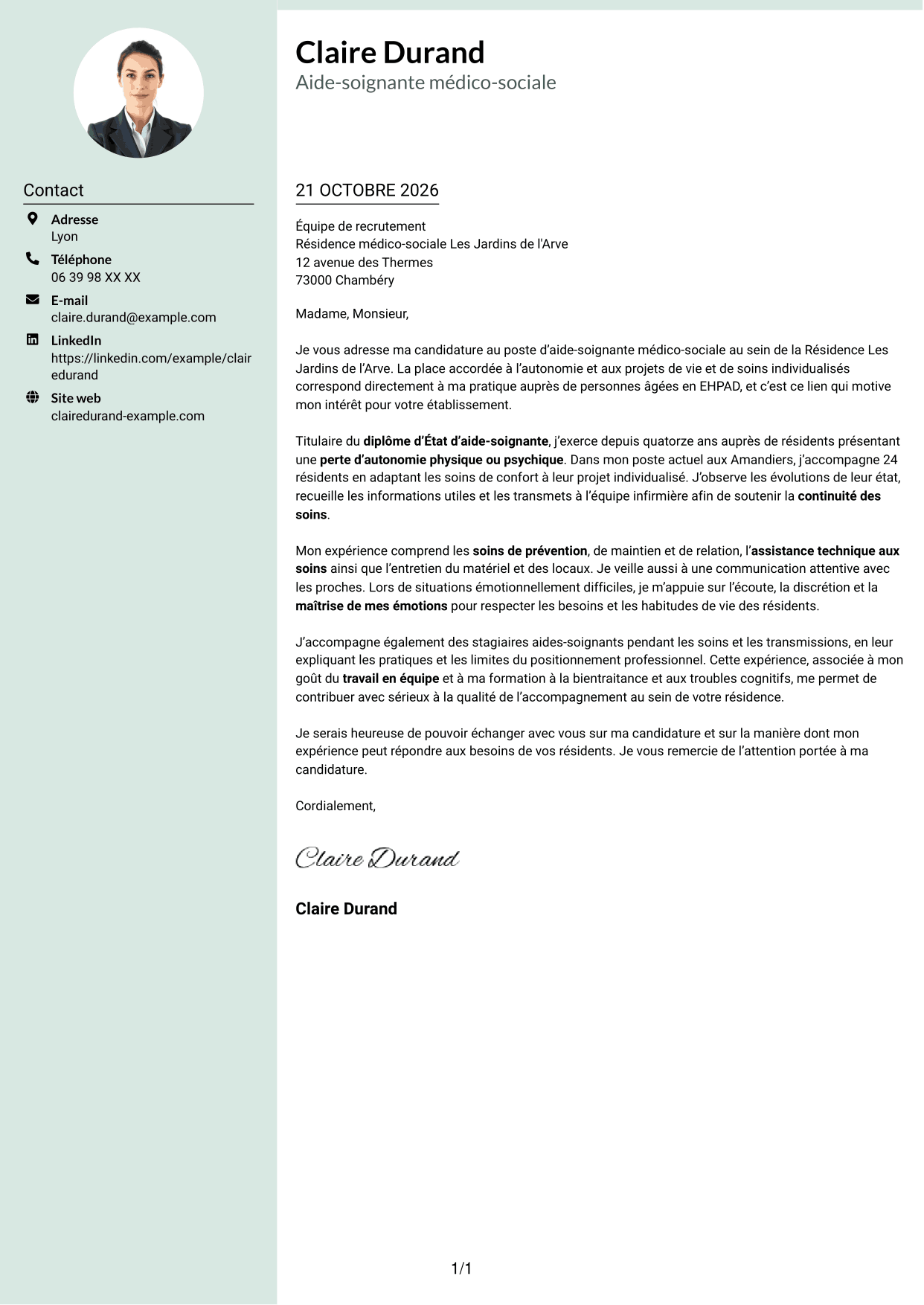 Lettre de motivation Cadre (format à colonne latérale douce avec photo arrondie) : Aide-soignant médico-social, page 1