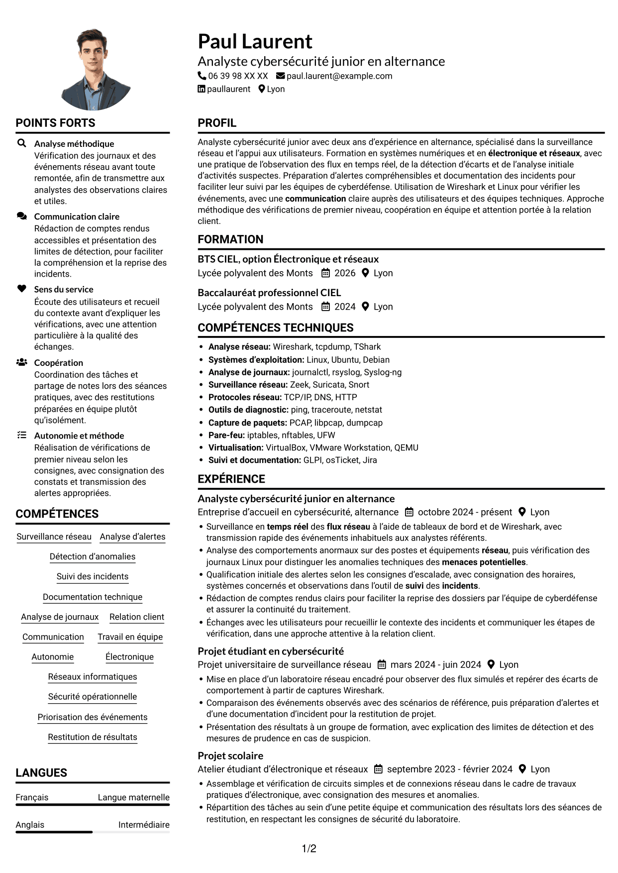 Analyste cybersécurité junior - Surveillance réseau CV, page 1