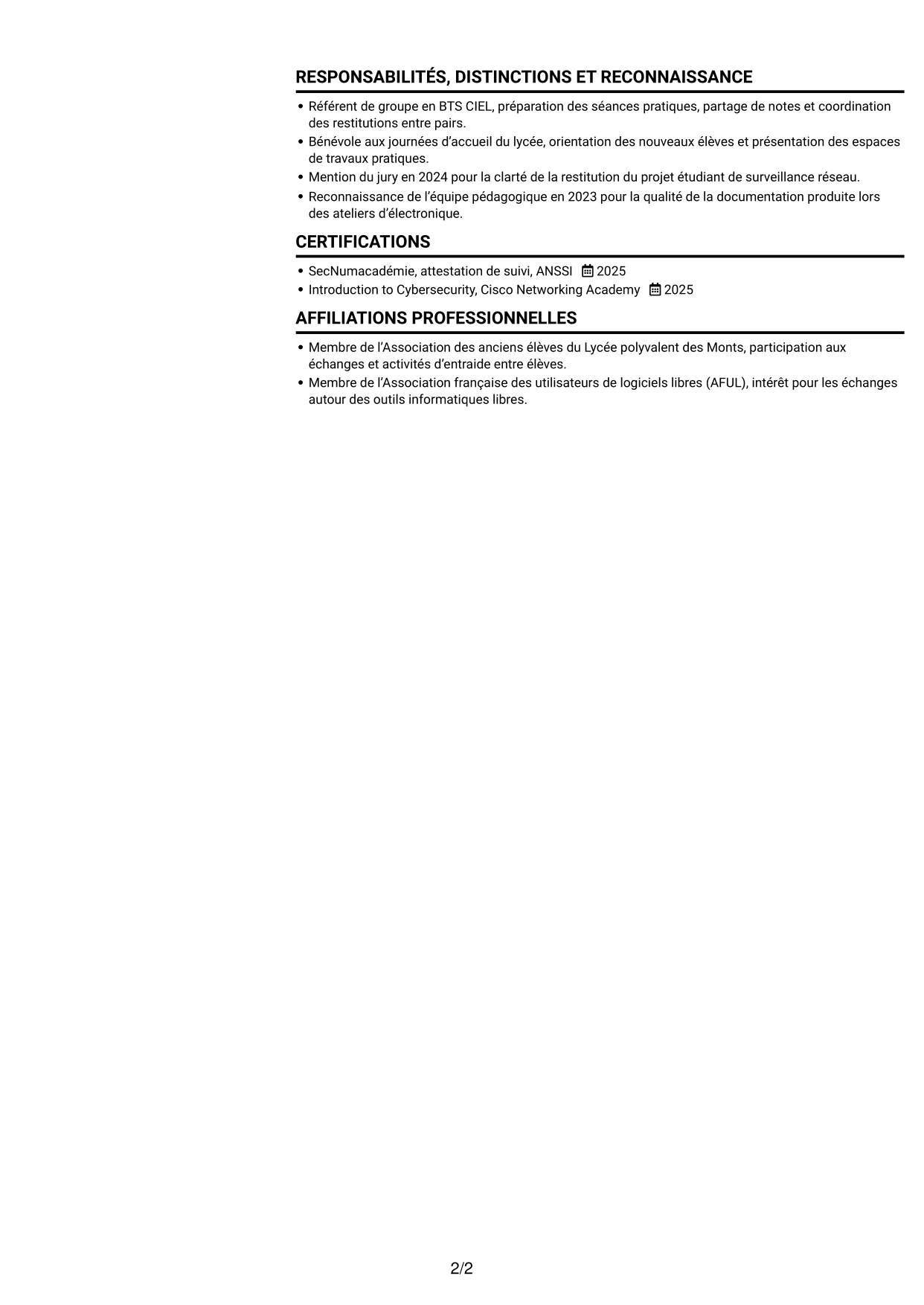 CV Compact (format sobre à deux colonnes avec photo) : Analyste cybersécurité junior - Surveillance réseau, page 2