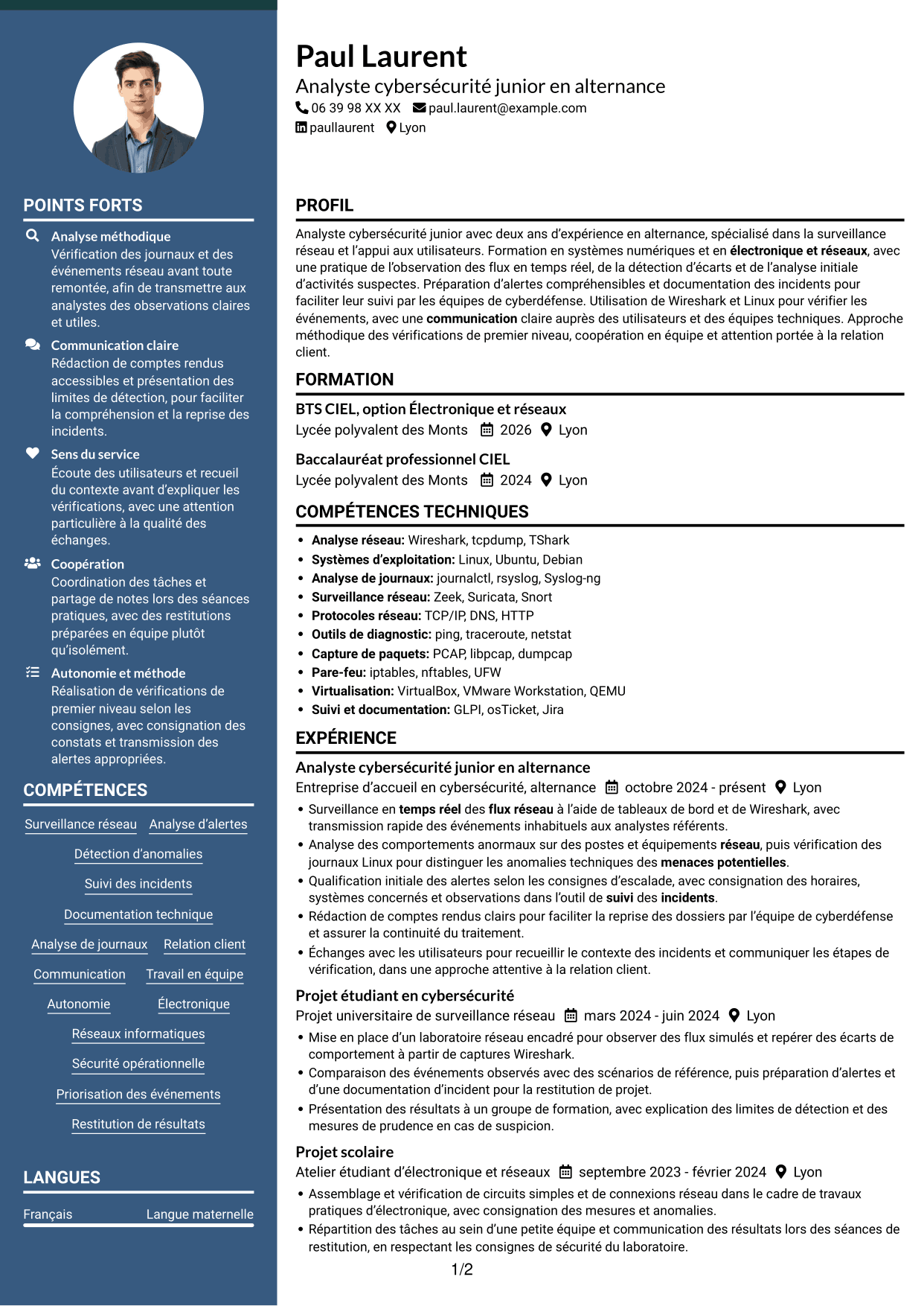 CV Élégant (format à colonne latérale colorée avec photo) : Analyste cybersécurité junior - Surveillance réseau, page 1
