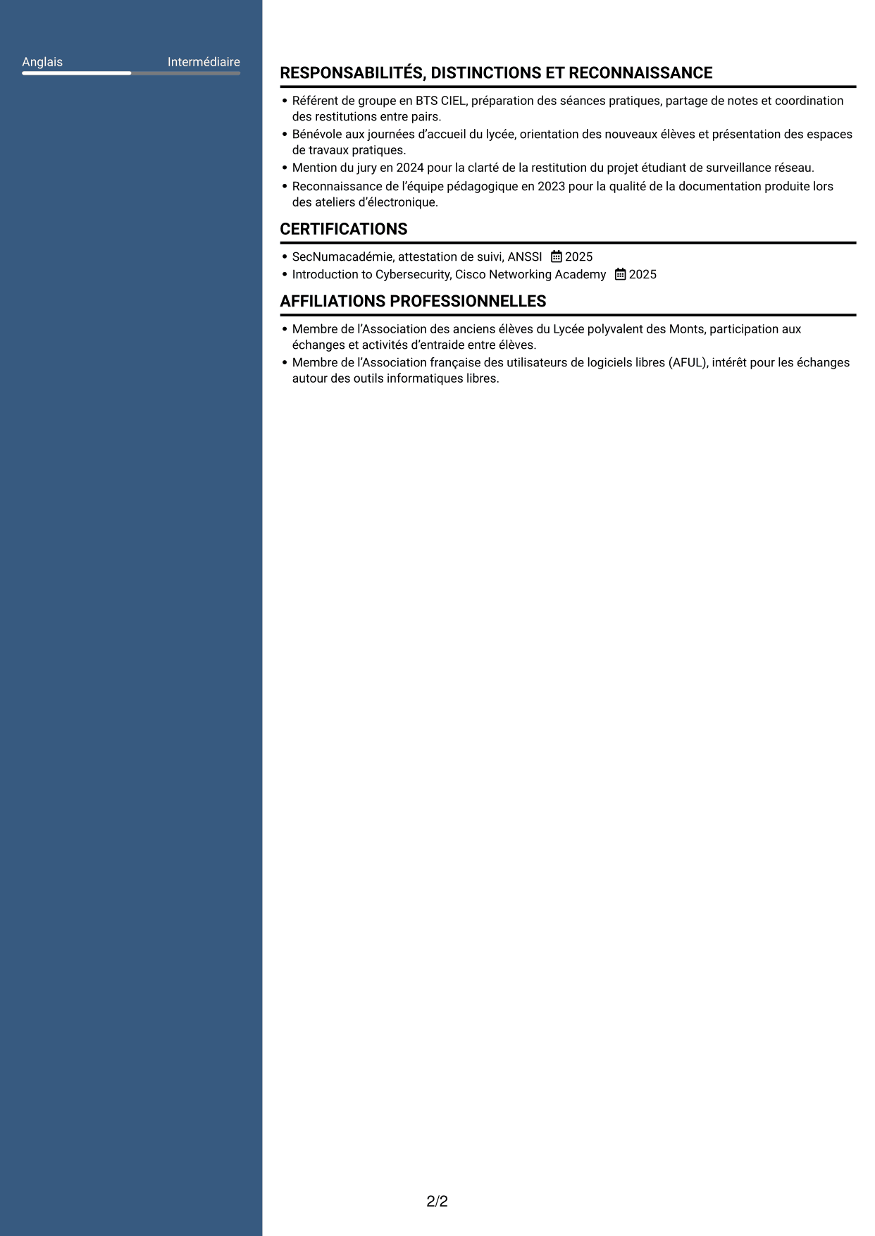 CV Élégant (format à colonne latérale colorée avec photo) : Analyste cybersécurité junior - Surveillance réseau, page 2