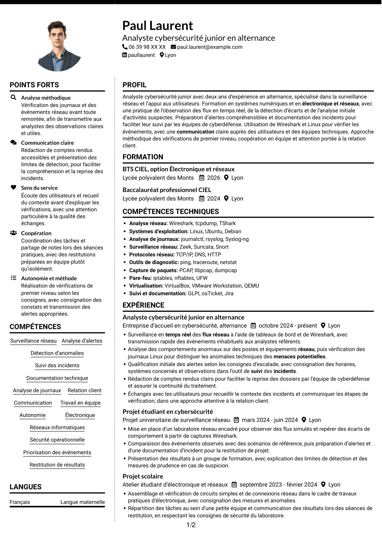 CV Moderne (format à deux colonnes avec photo à gauche et séparateur) : Analyste cybersécurité junior - Surveillance réseau, page 1