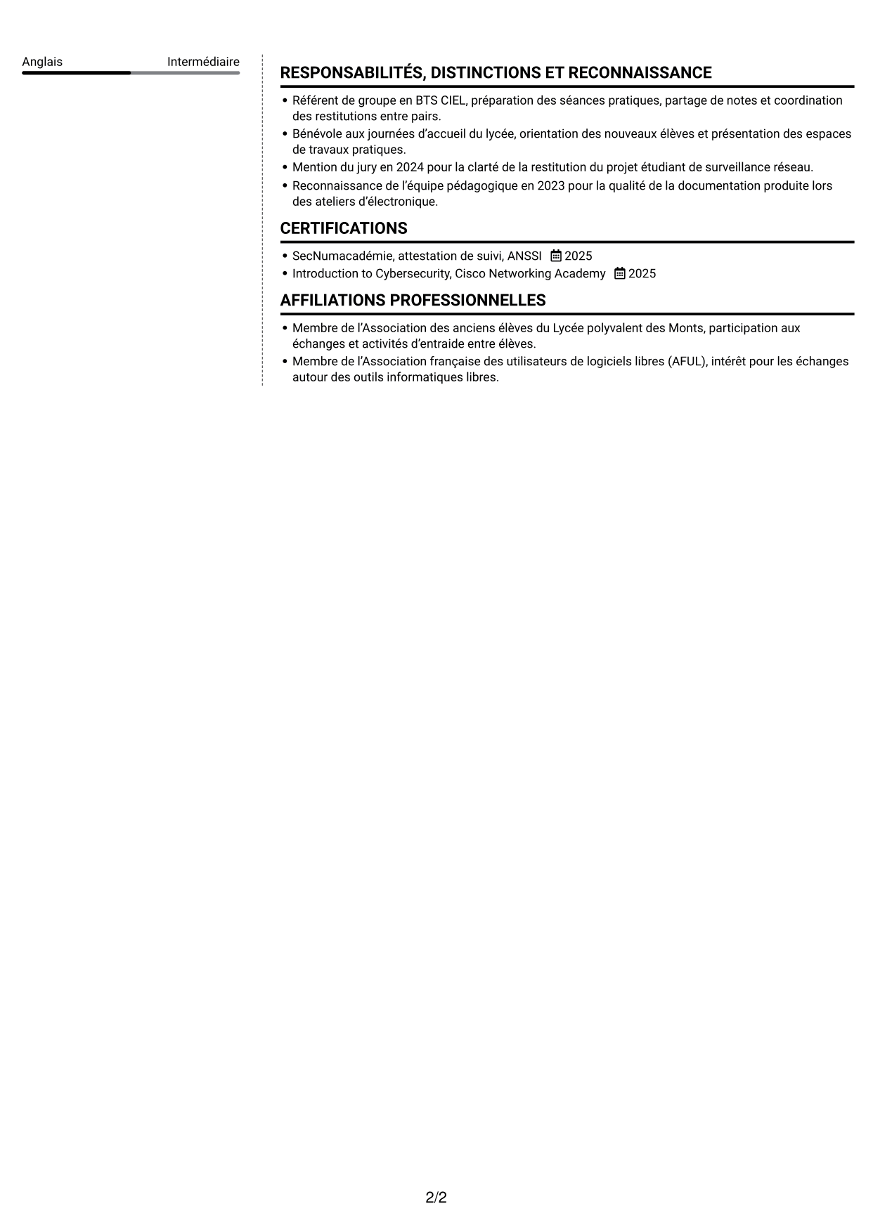 CV Moderne (format à deux colonnes avec photo à gauche et séparateur) : Analyste cybersécurité junior - Surveillance réseau, page 2