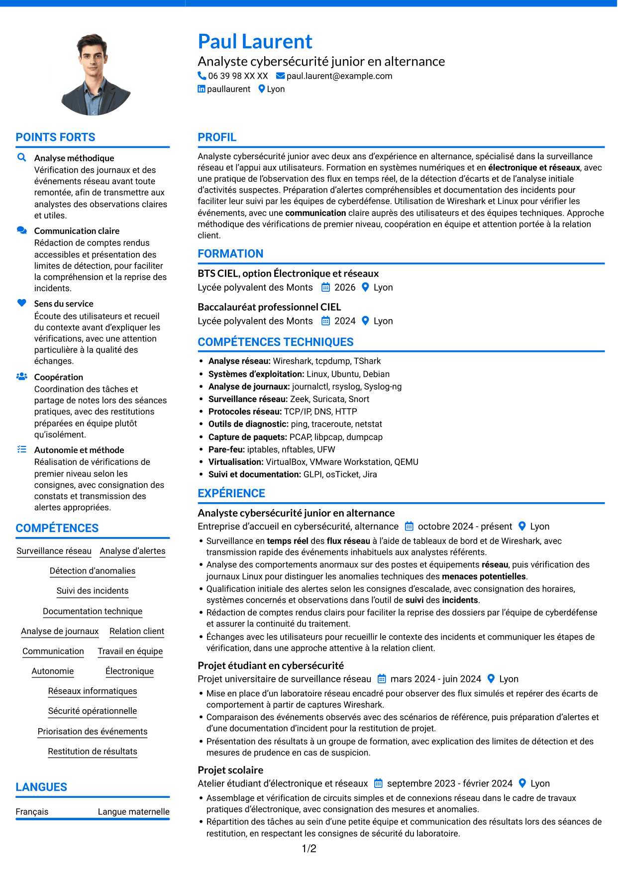 CV Audacieux (format à deux colonnes avec accents colorés et photo) : Analyste cybersécurité junior - Surveillance réseau, page 1