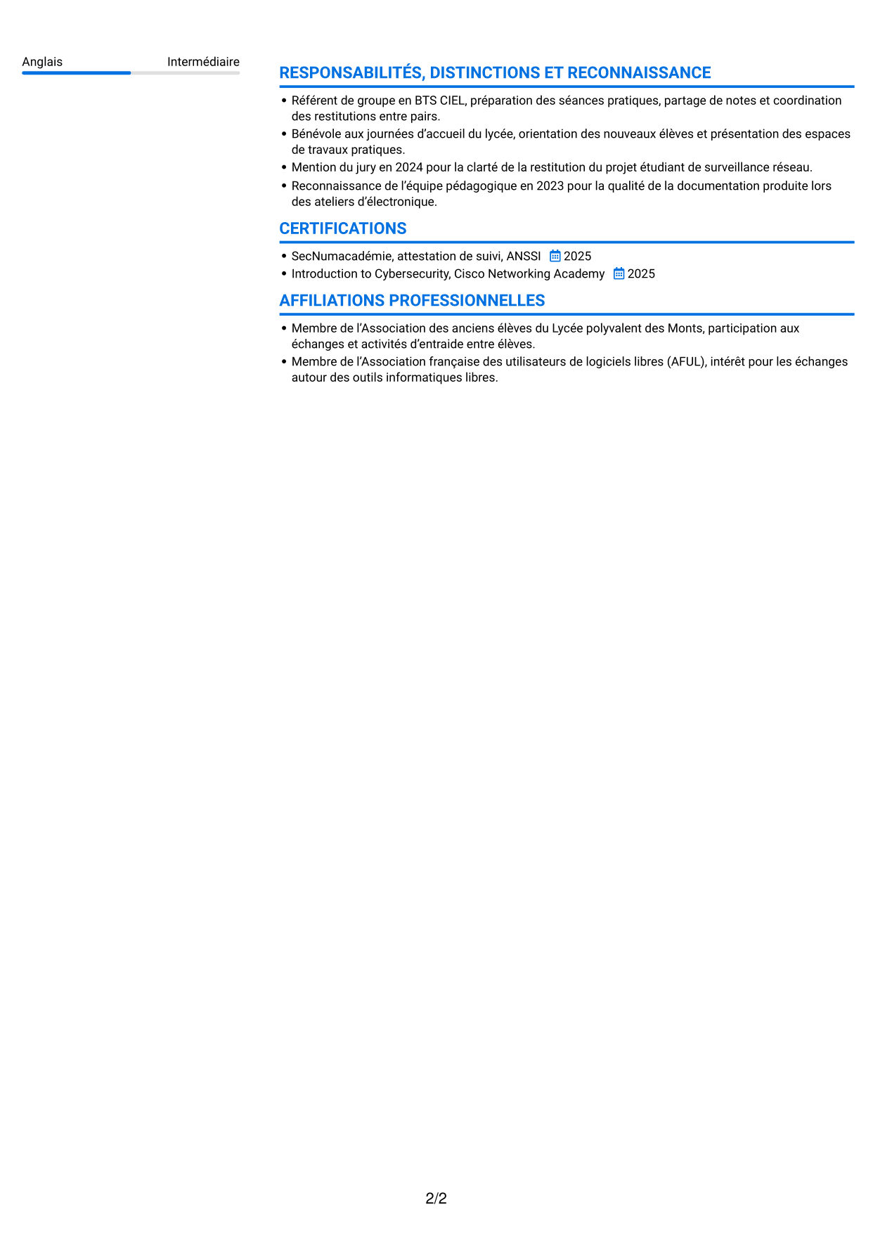 CV Audacieux (format à deux colonnes avec accents colorés et photo) : Analyste cybersécurité junior - Surveillance réseau, page 2