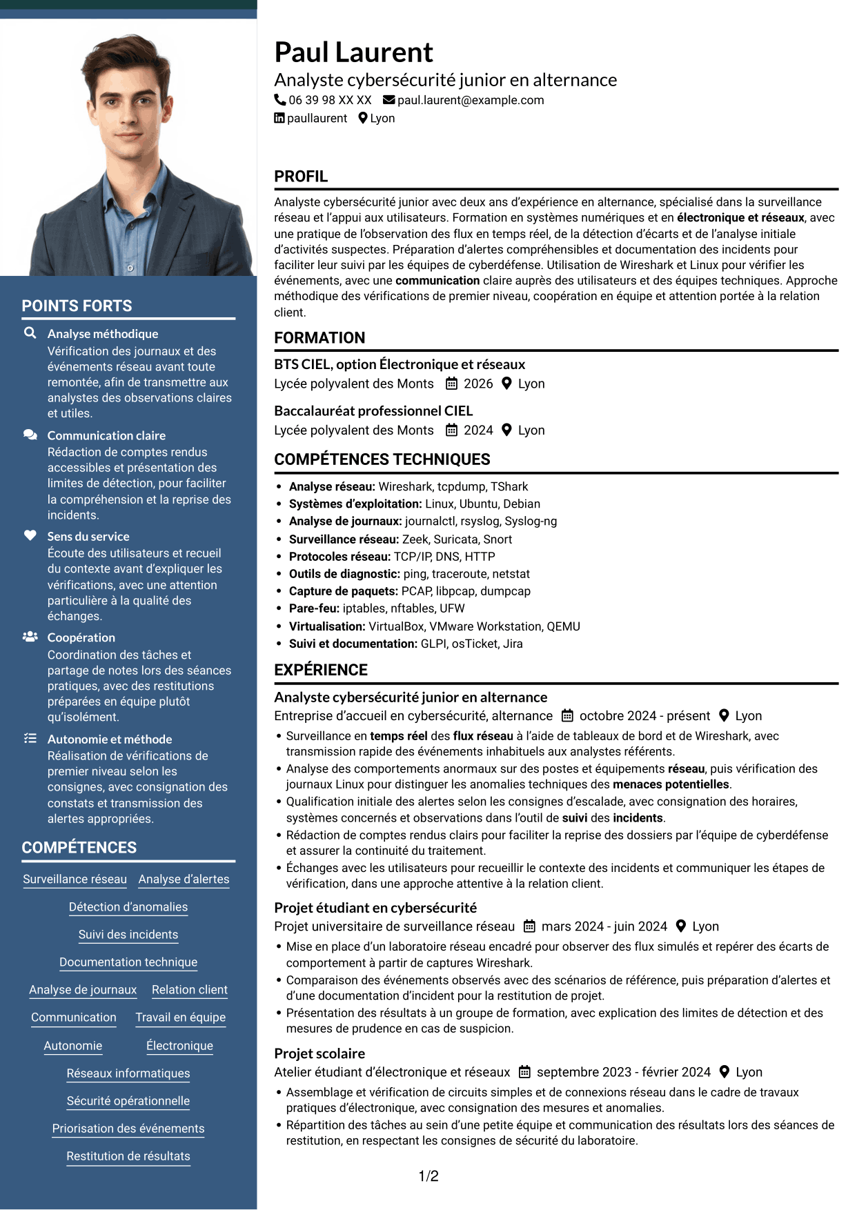 CV Signature (format à colonne latérale colorée avec grande photo) : Analyste cybersécurité junior - Surveillance réseau, page 1