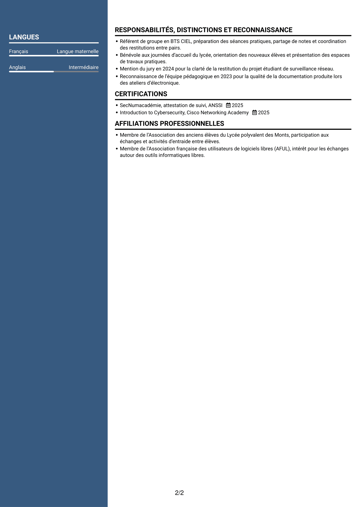 CV Signature (format à colonne latérale colorée avec grande photo) : Analyste cybersécurité junior - Surveillance réseau, page 2