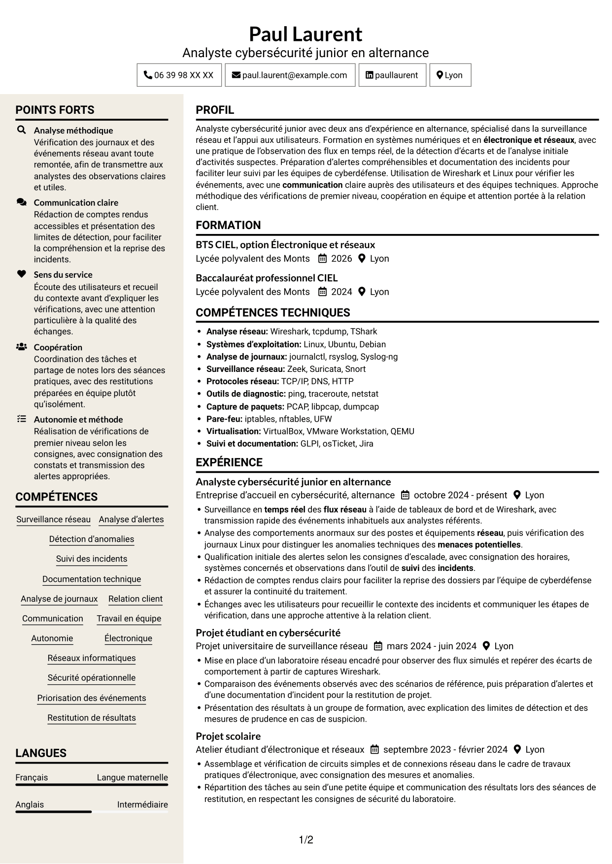CV Fonceur (format à deux colonnes avec en-tête centré sans photo) : Analyste cybersécurité junior - Surveillance réseau, page 1