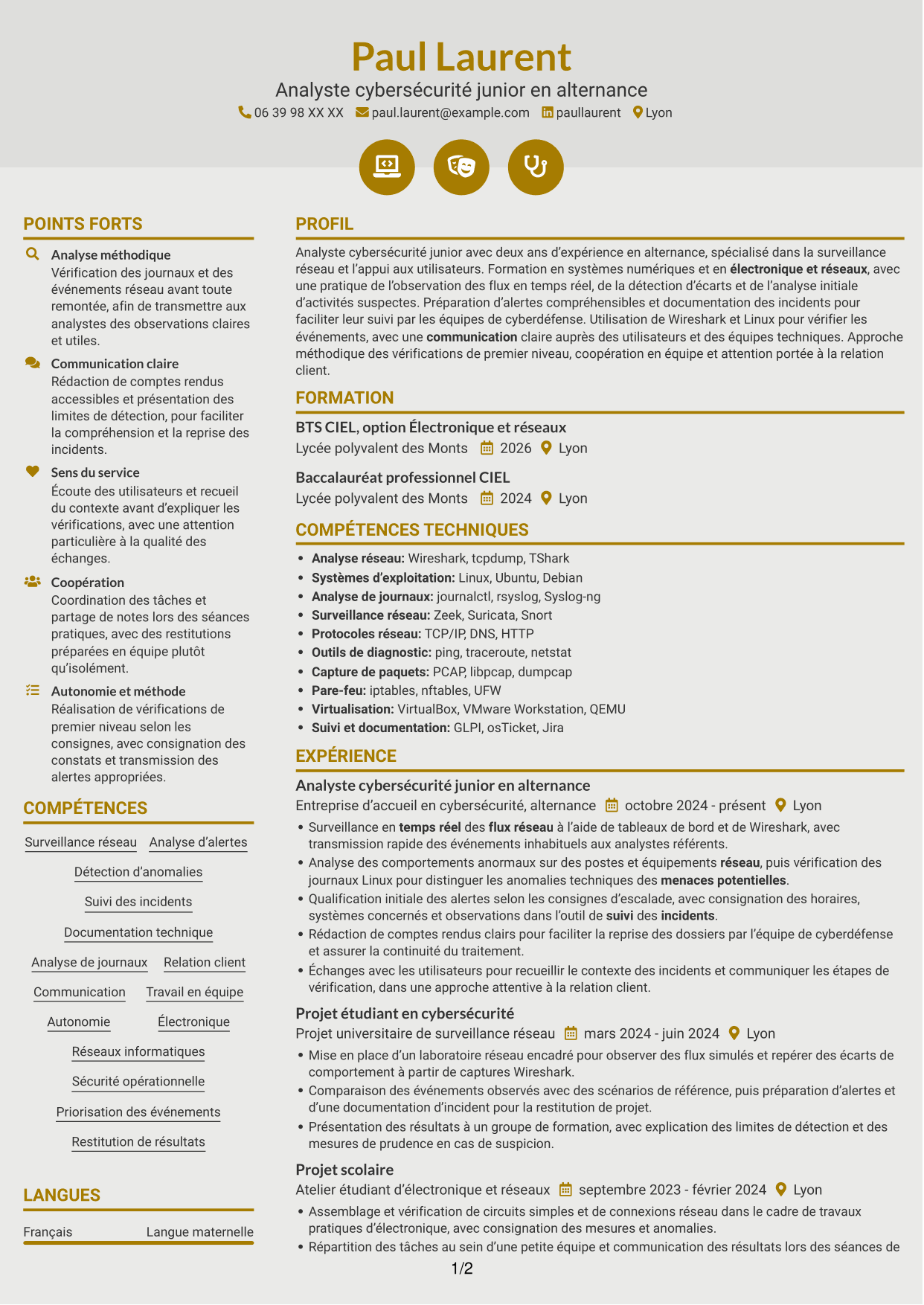 CV Dynamique (format à deux colonnes avec icônes) : Analyste cybersécurité junior - Surveillance réseau, page 1