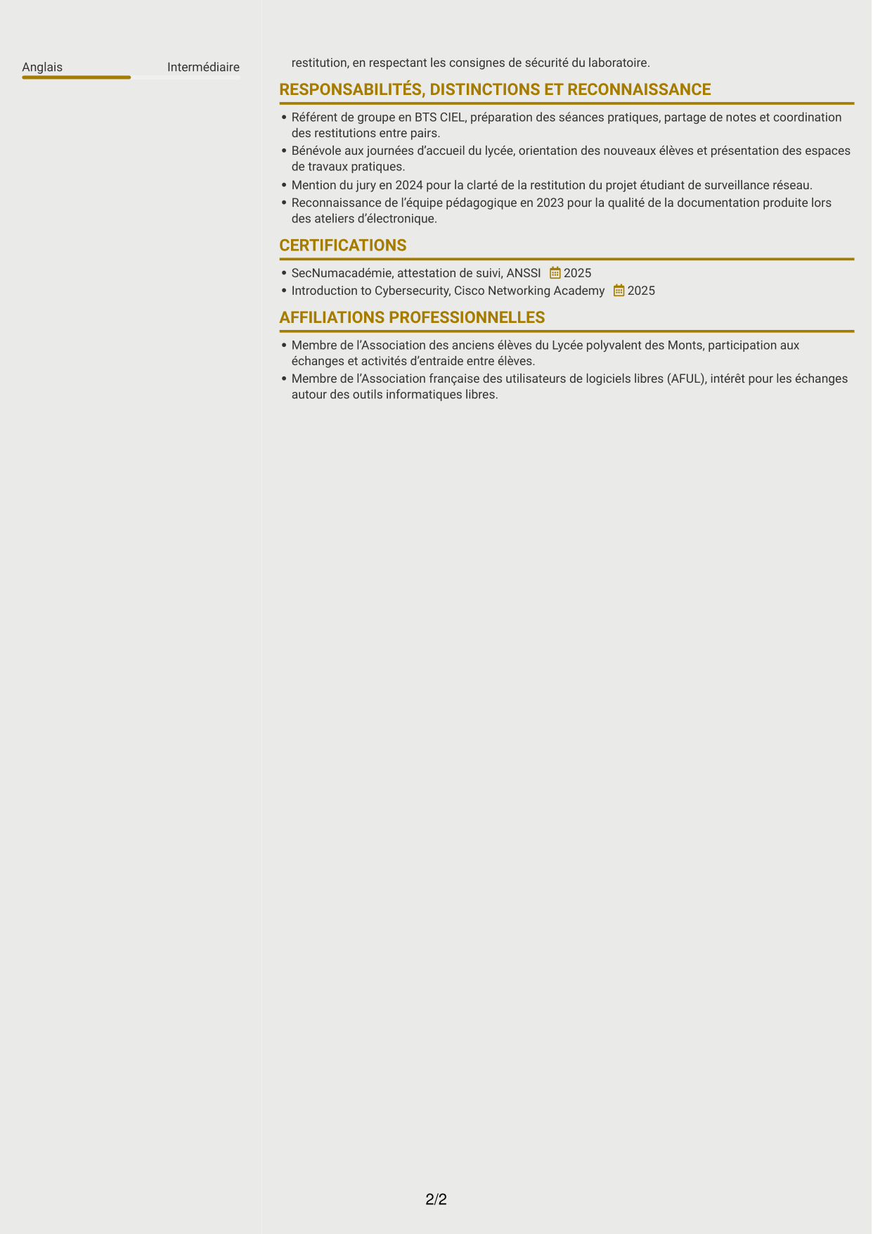 CV Dynamique (format à deux colonnes avec icônes) : Analyste cybersécurité junior - Surveillance réseau, page 2