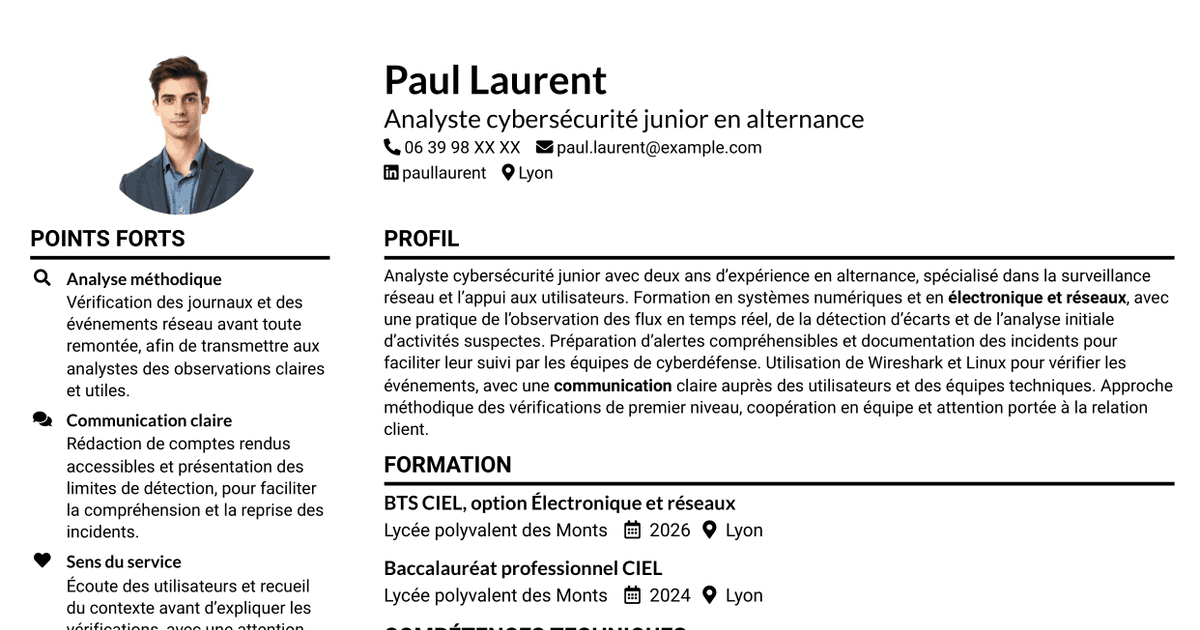 7 modèles de CV pour Analyste cybersécurité junior - Surveillance réseau, avec exemples