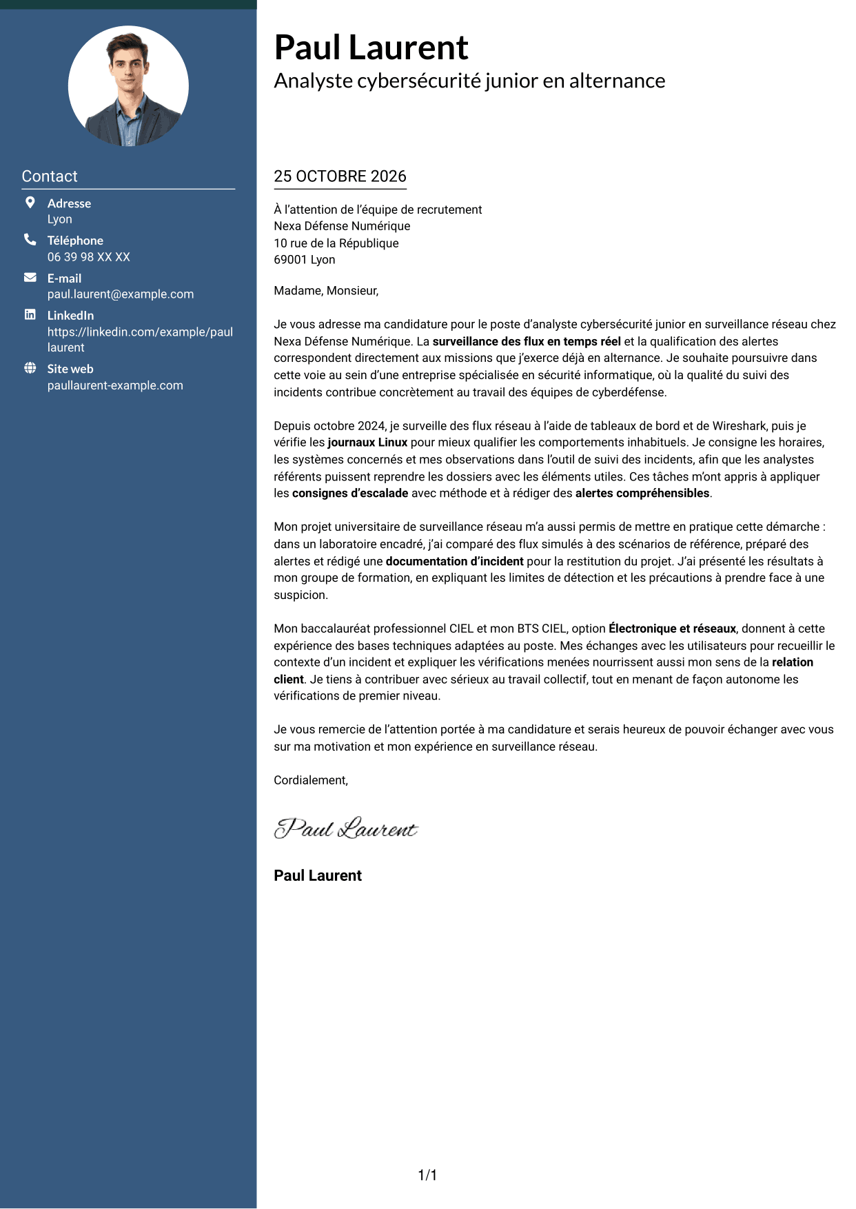 Lettre de motivation Élégant (format à colonne latérale colorée avec photo) : Analyste cybersécurité junior - Surveillance réseau, page 1