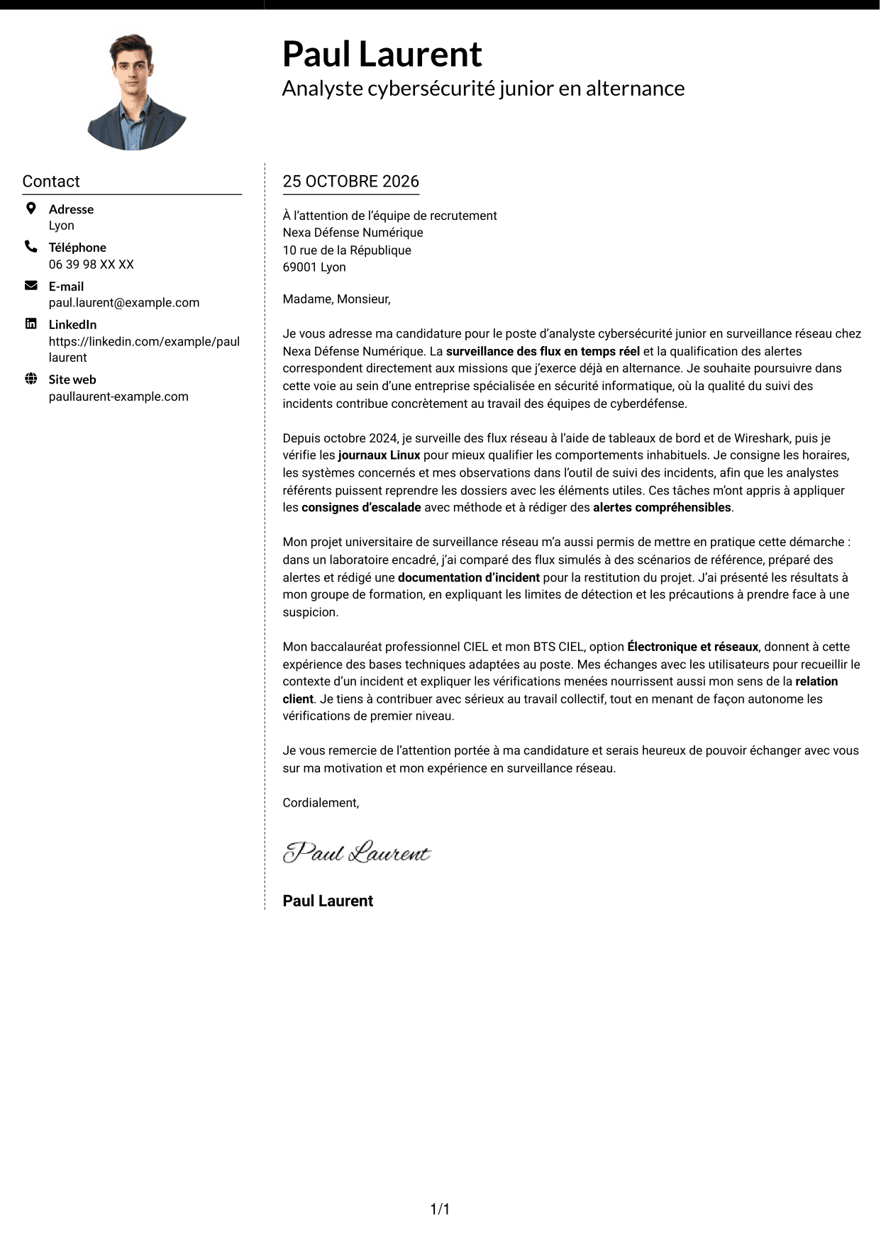 Lettre de motivation Moderne (format à deux colonnes avec photo à gauche et séparateur) : Analyste cybersécurité junior - Surveillance réseau, page 1