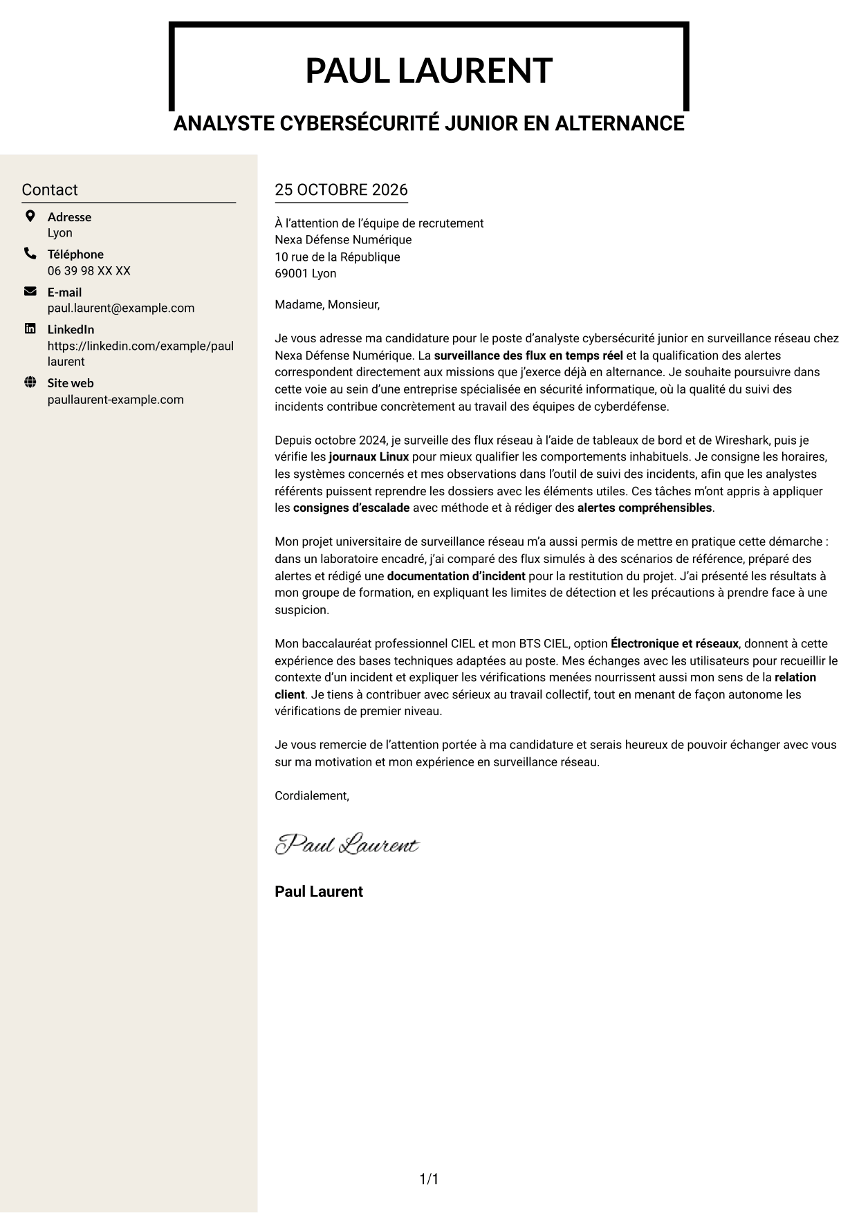 Lettre de motivation Fonceur (format à deux colonnes avec en-tête centré sans photo) : Analyste cybersécurité junior - Surveillance réseau, page 1