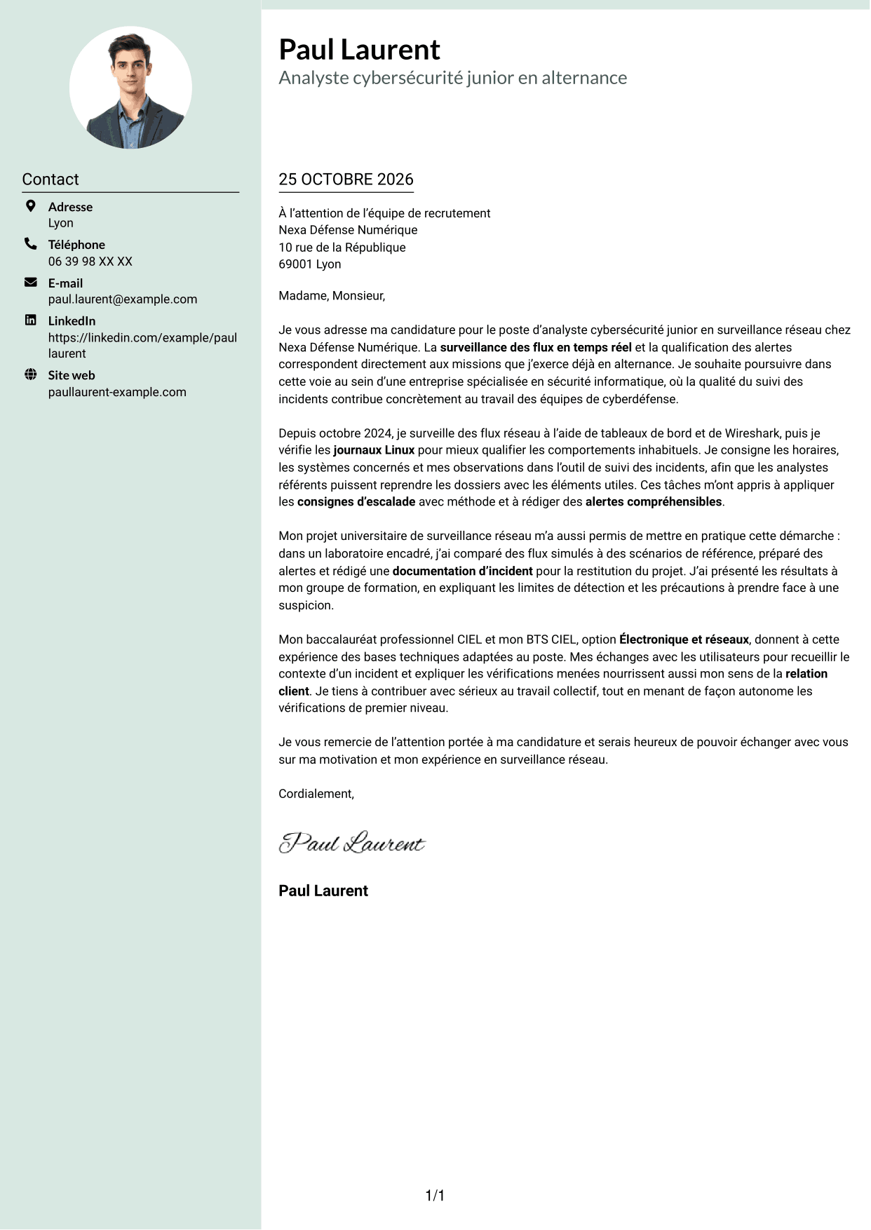 Lettre de motivation Cadre (format à colonne latérale douce avec photo arrondie) : Analyste cybersécurité junior - Surveillance réseau, page 1