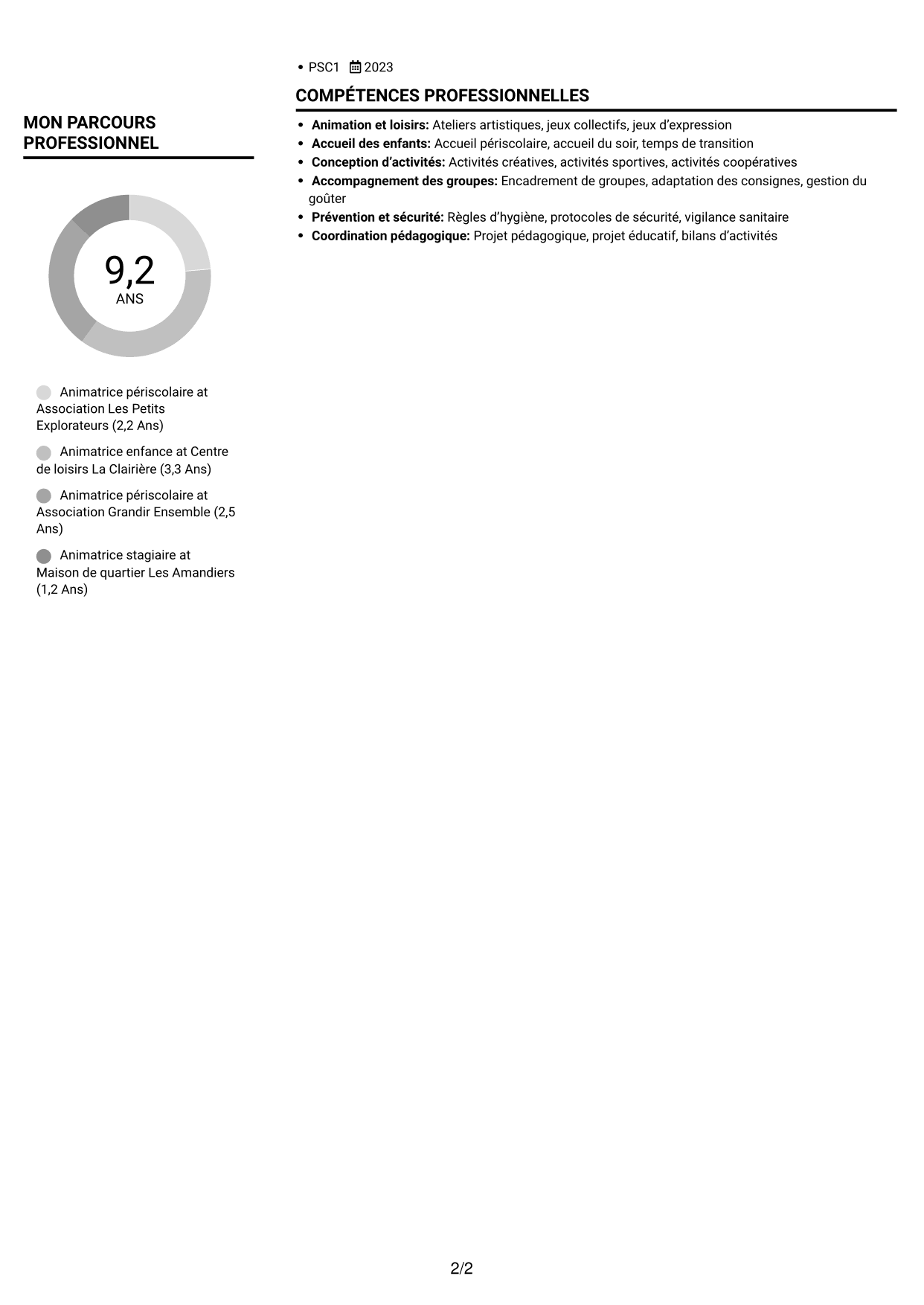 CV Compact (format sobre à deux colonnes avec photo) : Animateur enfance-jeunesse - Accueil périscolaire, page 2
