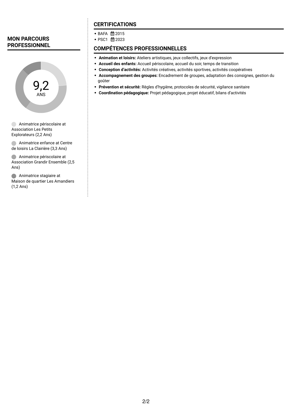 CV Moderne (format à deux colonnes avec photo à gauche et séparateur) : Animateur enfance-jeunesse - Accueil périscolaire, page 2