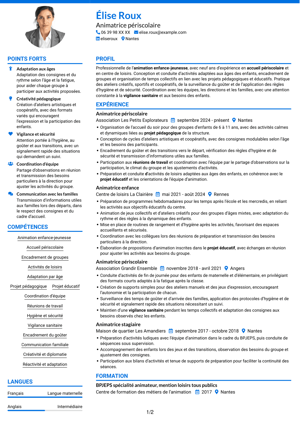 CV Audacieux (format à deux colonnes avec accents colorés et photo) : Animateur enfance-jeunesse - Accueil périscolaire, page 1