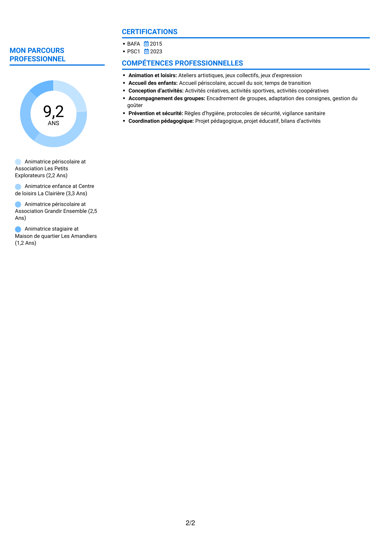 CV Audacieux (format à deux colonnes avec accents colorés et photo) : Animateur enfance-jeunesse - Accueil périscolaire, page 2